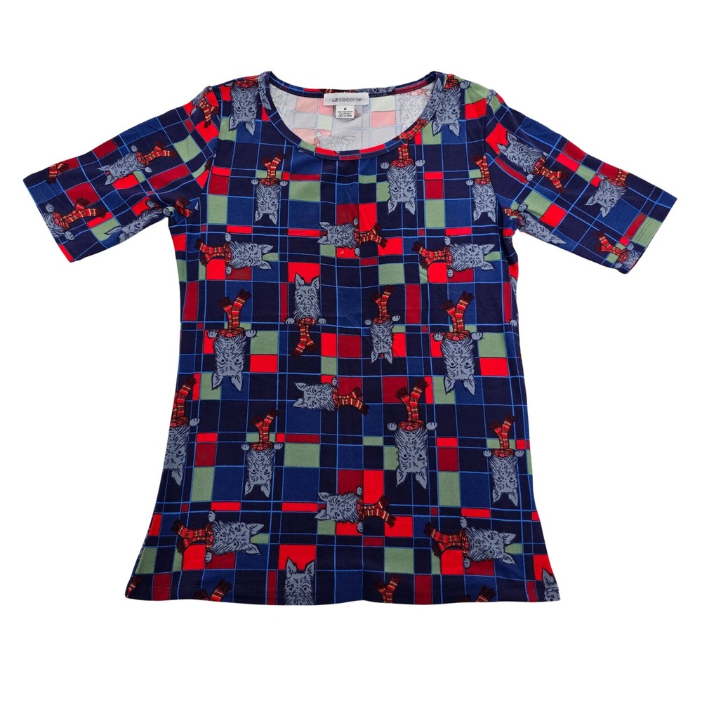 Liz Claiborne Womens Scottie Dog Plaid Top Navy Red Green Short Sleeve‎ Medium
